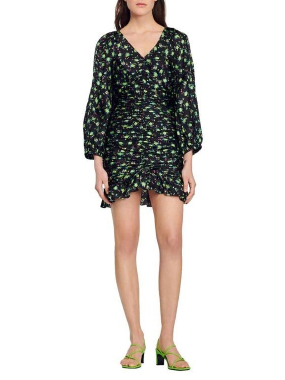 NWT Sandro Floral Ruched Black Dress - $415 MSRP